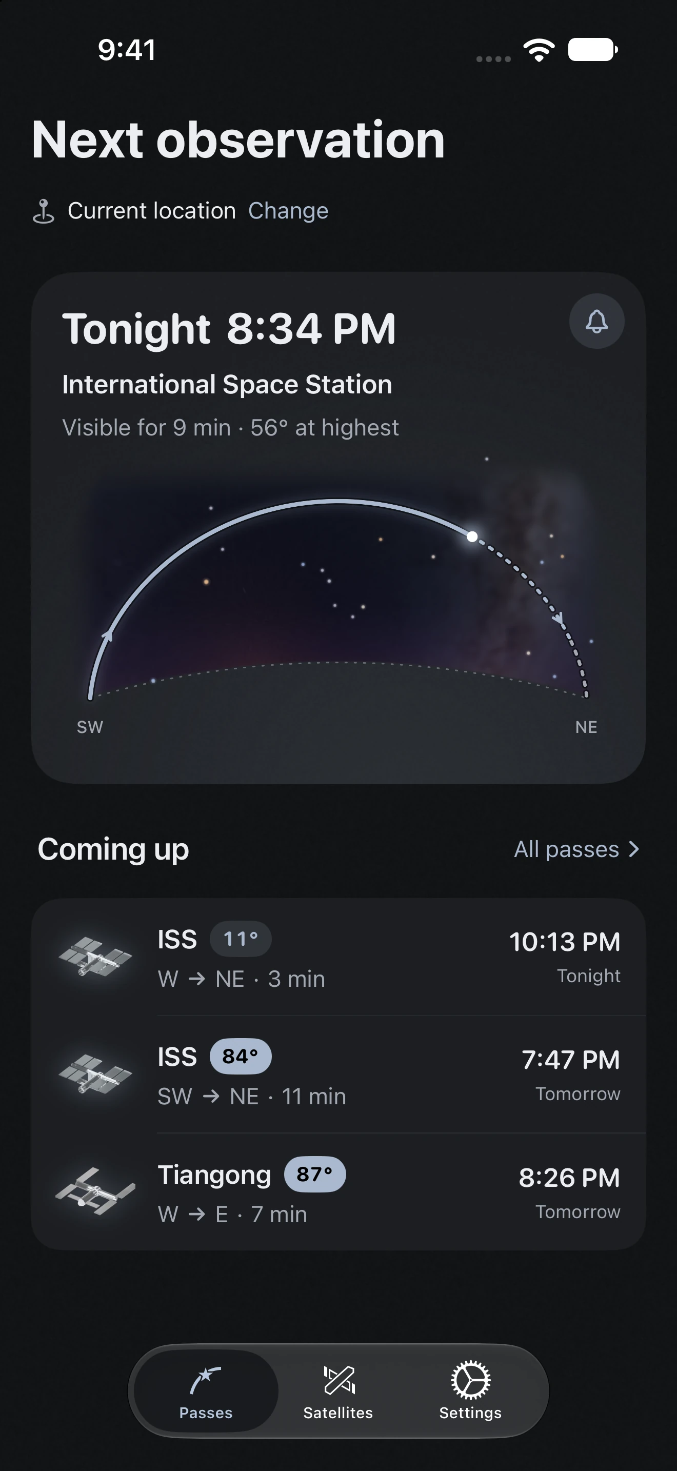 Home screen with the next observation card and upcoming passes